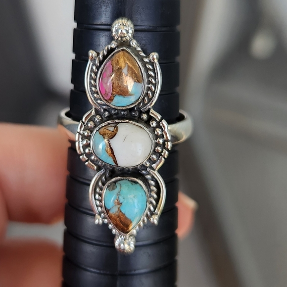 Handmade Sterling Silver 925 Cotton Candy Turquoise 3 Stone Ring Size 9 - Picture 4 of 5